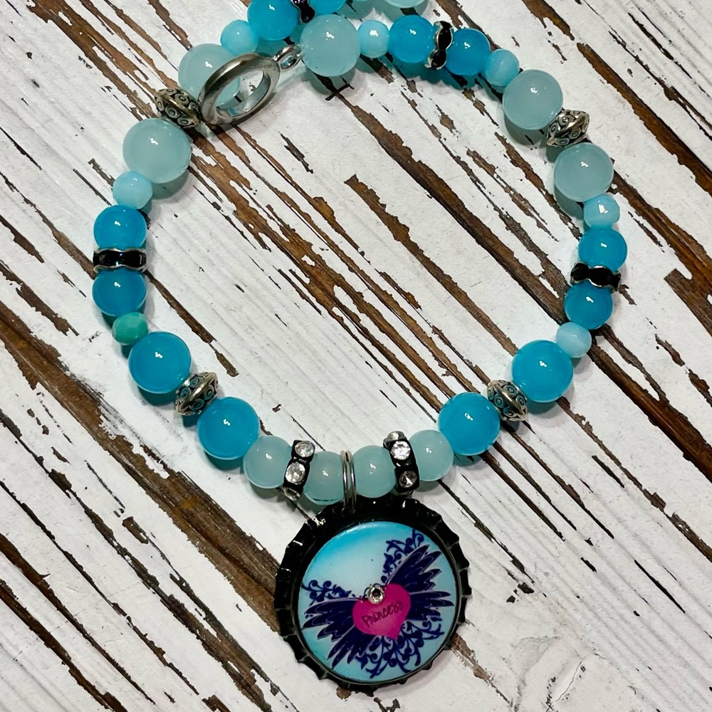 Turquoise and Silver Beaded Necklace with Heart Bottle Cap Pendant 11 inches